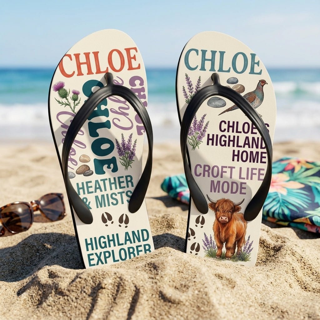 Personalized Highland Cow Lightweight Flip Flops - Custom Name "Chloe" - FlamingoAholic