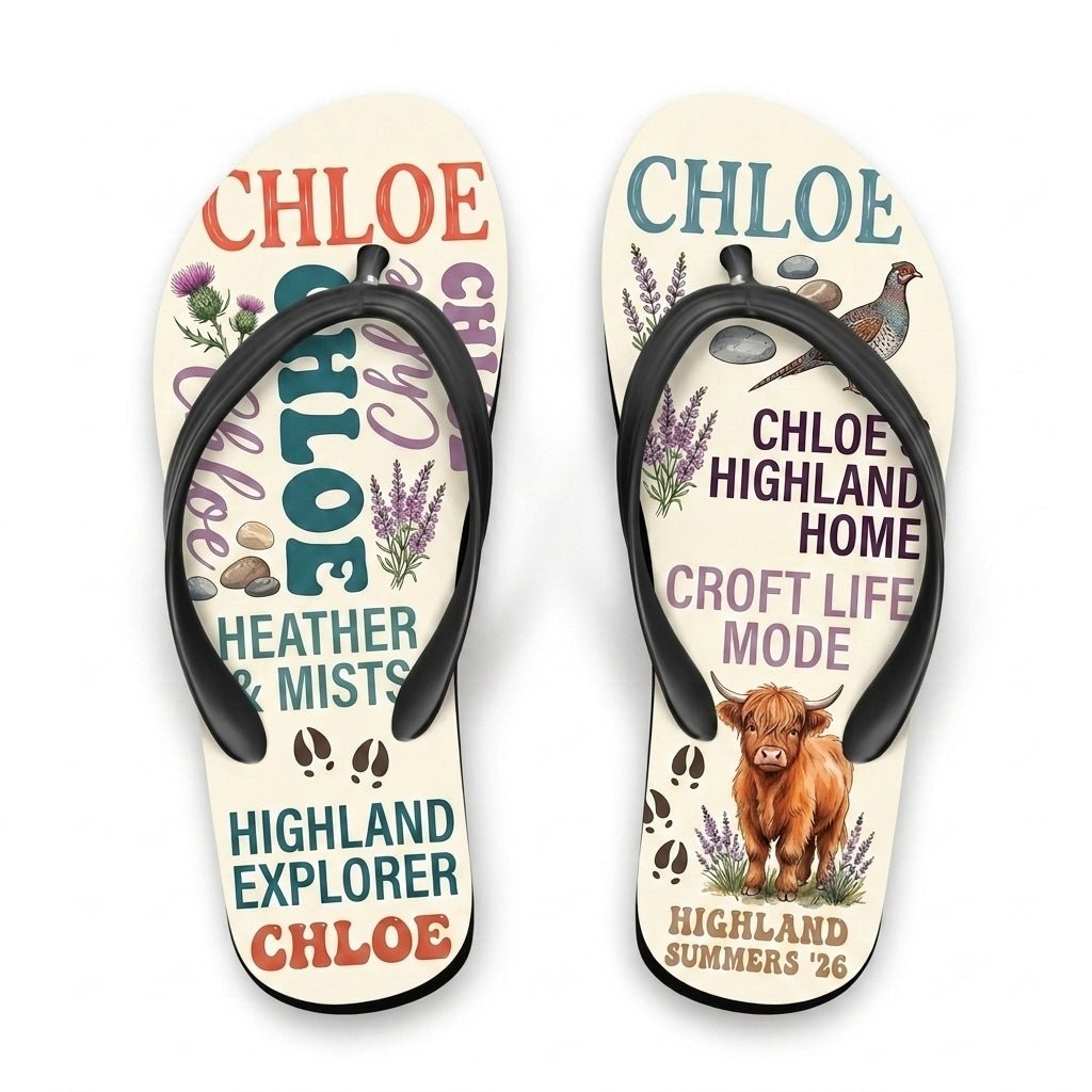 Personalized Highland Cow Lightweight Flip Flops - Custom Name "Chloe" - FlamingoAholic