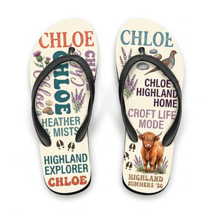 Personalized Highland Cow Lightweight Flip Flops - Custom Name "Chloe" - FlamingoAholic