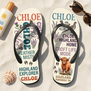 Personalized Highland Cow Lightweight Flip Flops - Custom Name "Chloe" - FlamingoAholic