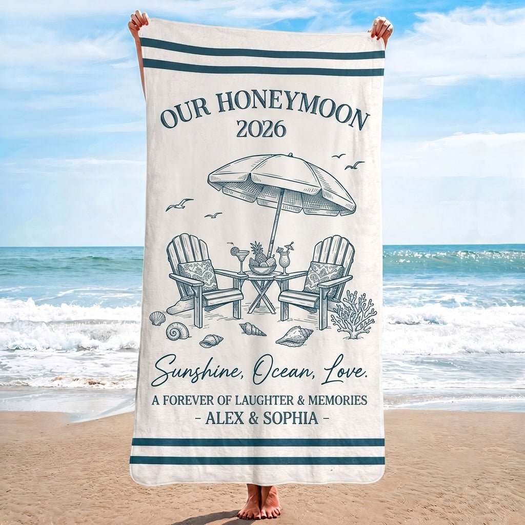 Personalized Honeymoon 2026 Beach Towel - Couple Line Art Custom Names Summer Wedding Travel Gift - FlamingoAholic