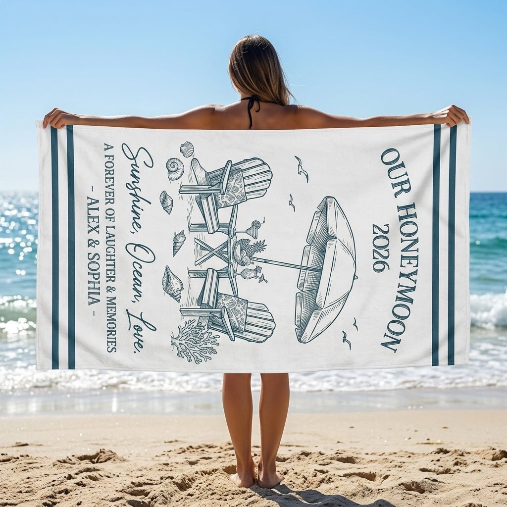 Personalized Honeymoon 2026 Beach Towel - Couple Line Art Custom Names Summer Wedding Travel Gift - FlamingoAholic
