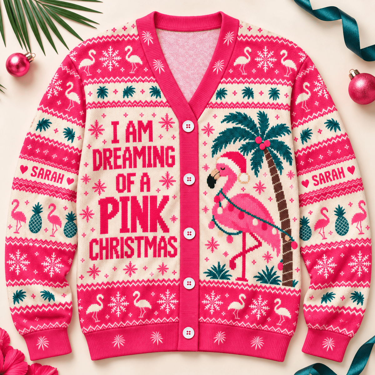 Personalized I Am Dreaming Of A Pink Christmas Flamingo Knitted Sweater & Cardigan - FlamingoAholic