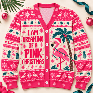 Personalized I Am Dreaming Of A Pink Christmas Flamingo Knitted Sweater & Cardigan - FlamingoAholic