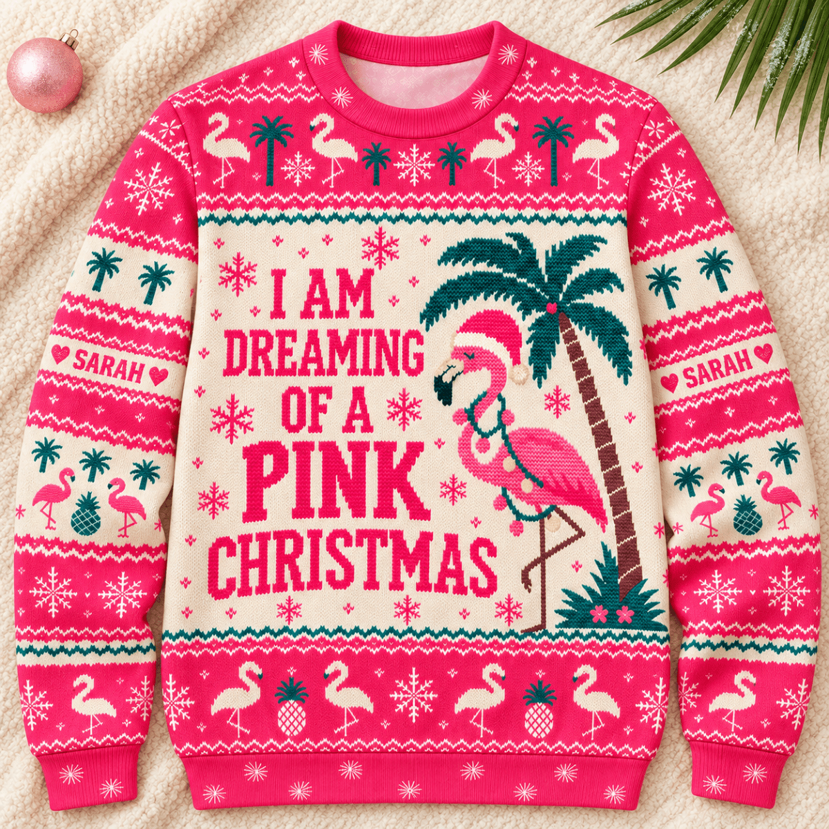 Personalized I Am Dreaming Of A Pink Christmas Flamingo Knitted Sweater & Cardigan - FlamingoAholic