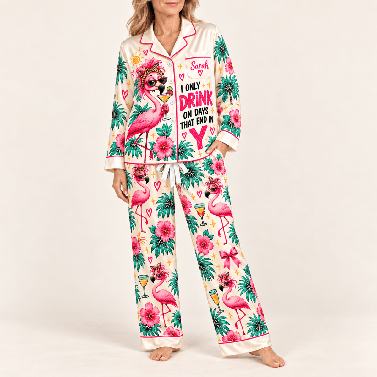Personalized I Only Drink on Days That End in Y Flamingo Satin Pajama Set - FlamingoAholic
