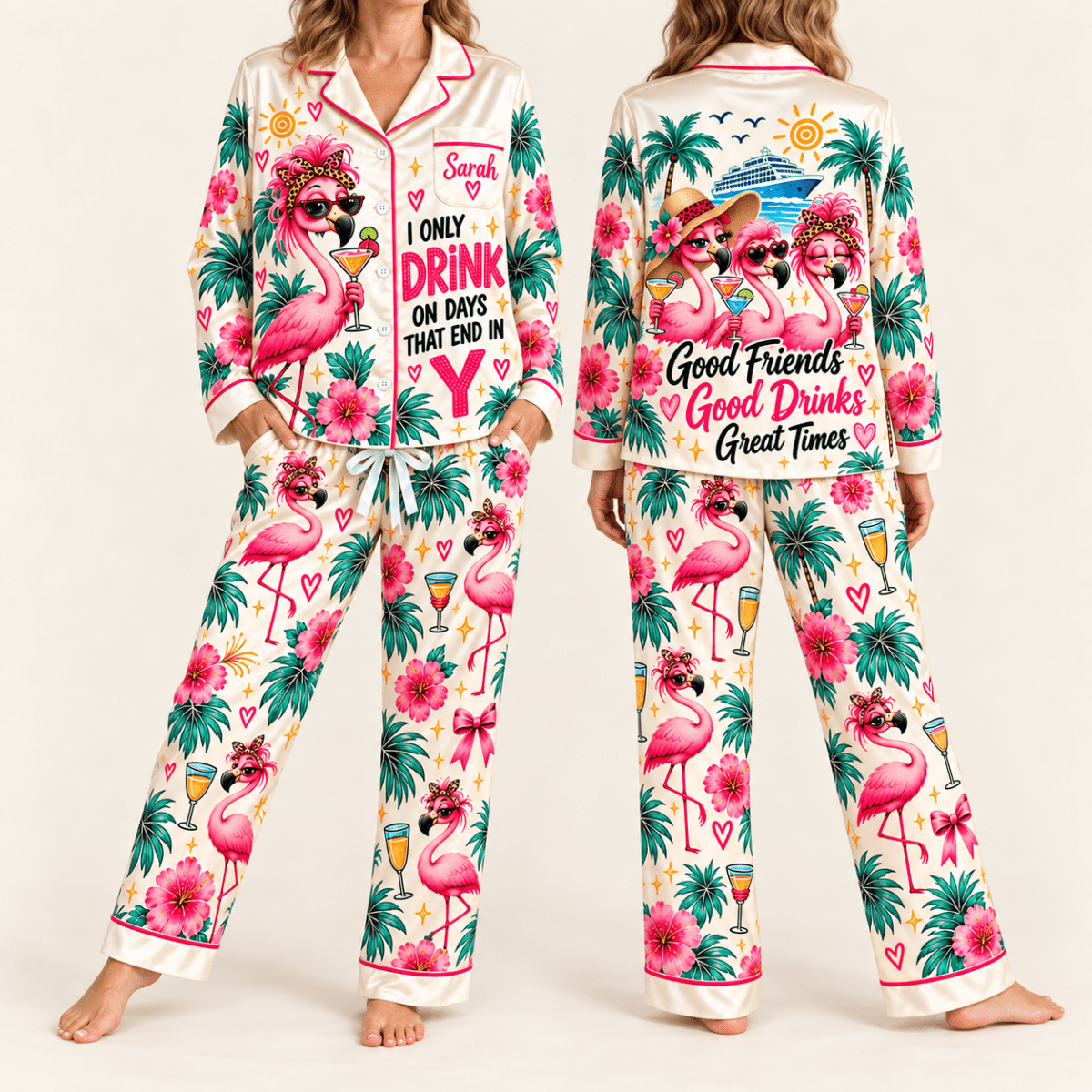 Personalized I Only Drink on Days That End in Y Flamingo Satin Pajama Set - FlamingoAholic