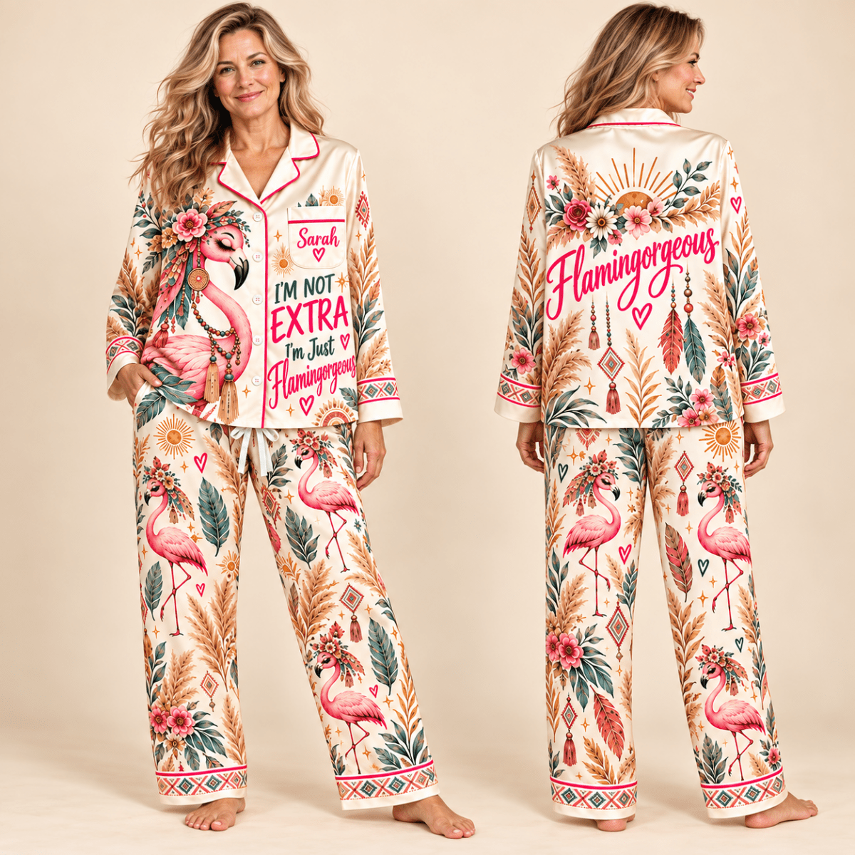 Personalized I'm Not Extra I'm Just Flamingorgeous Boho Flamingo Satin Pajama Set - FlamingoAholic