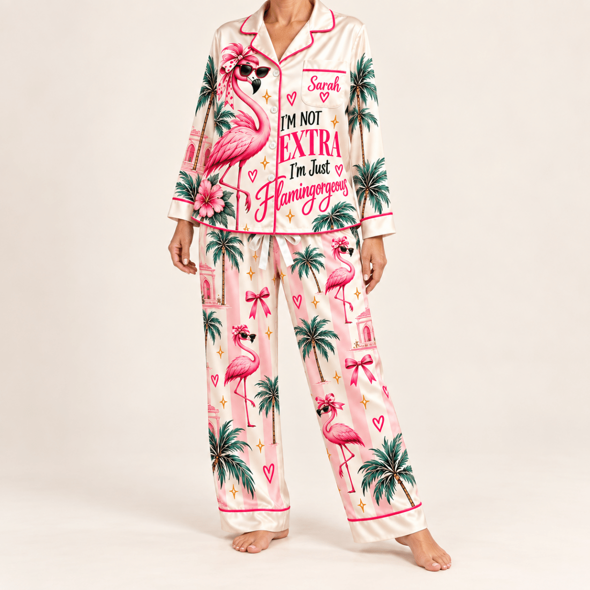 Personalized I'm Not Extra I'm Just Flamingorgeous Flamingo Satin Pajama Set - FlamingoAholic