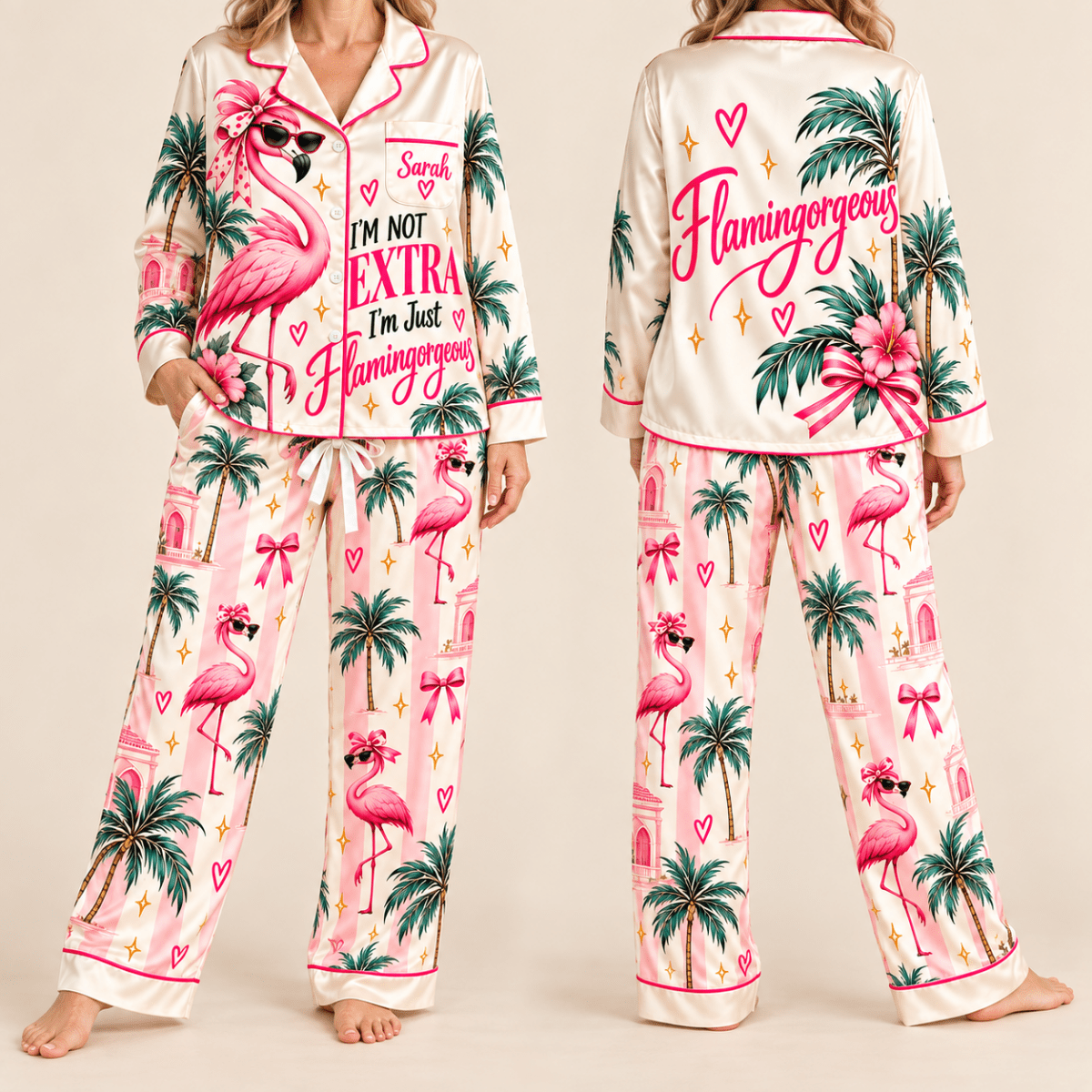 Personalized I'm Not Extra I'm Just Flamingorgeous Flamingo Satin Pajama Set - FlamingoAholic