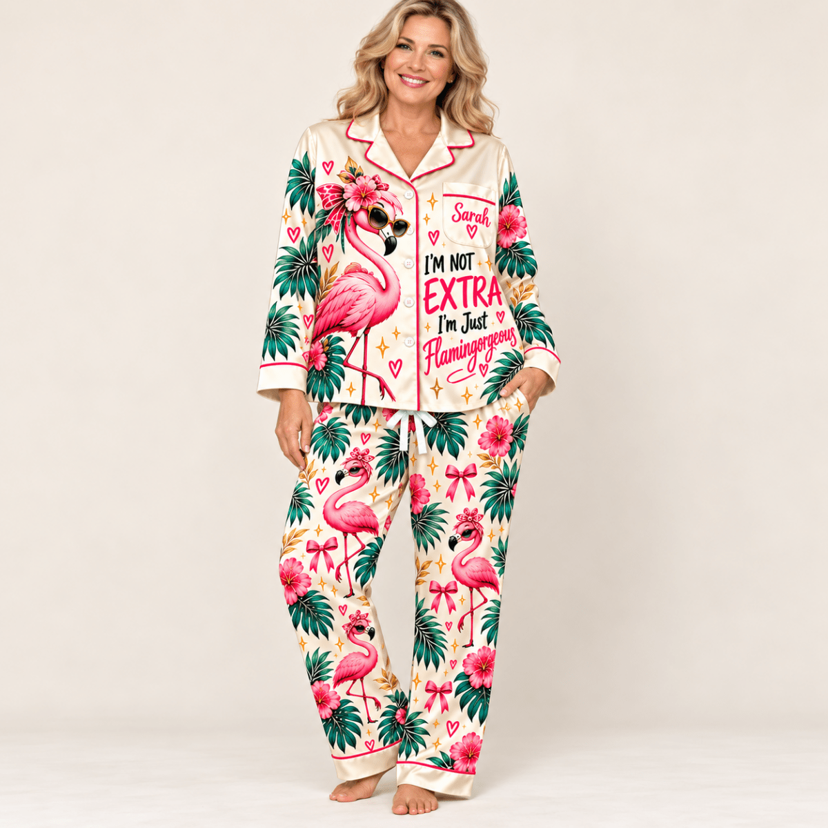 Personalized I'm Not Extra I'm Just Flamingorgeous Satin Pajama Set - FlamingoAholic