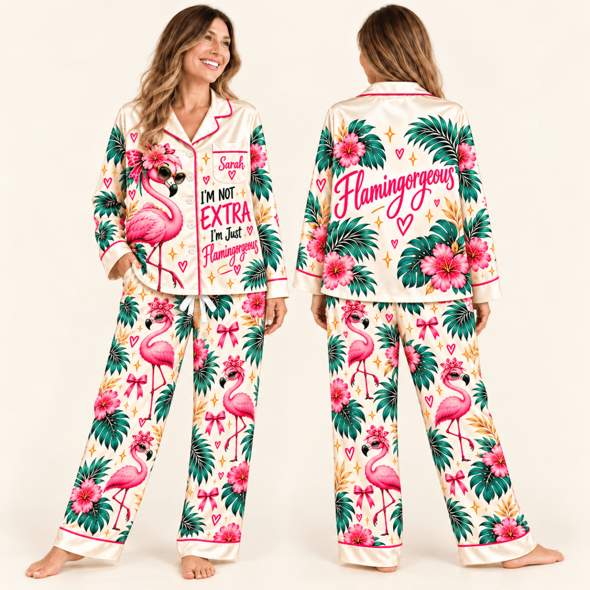 Personalized I'm Not Extra I'm Just Flamingorgeous Satin Pajama Set - FlamingoAholic