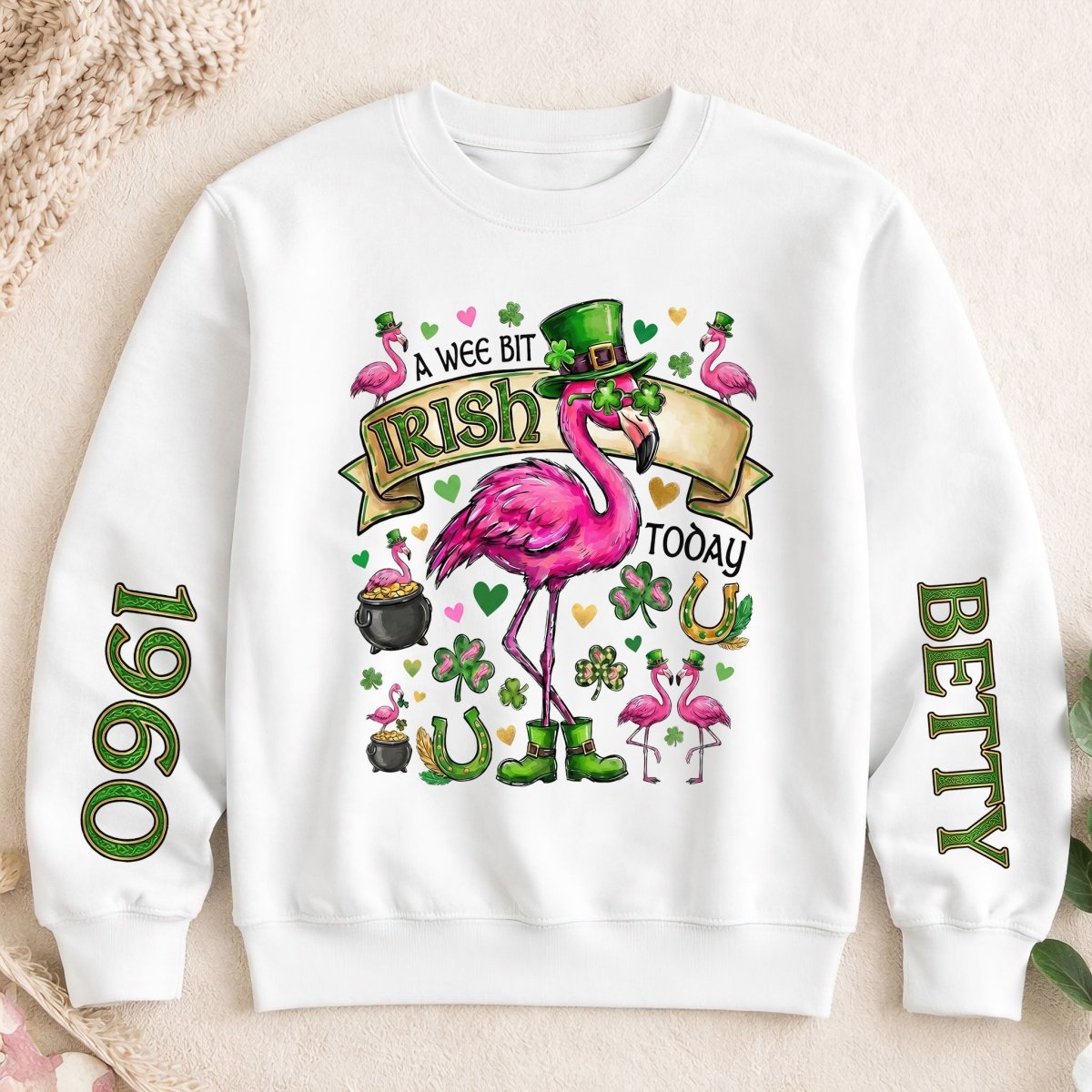 Personalized Leprechaun Flamingo St. Patrick's Day Sweatshirt - Custom Year & Name 'A Wee Bit Irish' Tee - FlamingoAholic