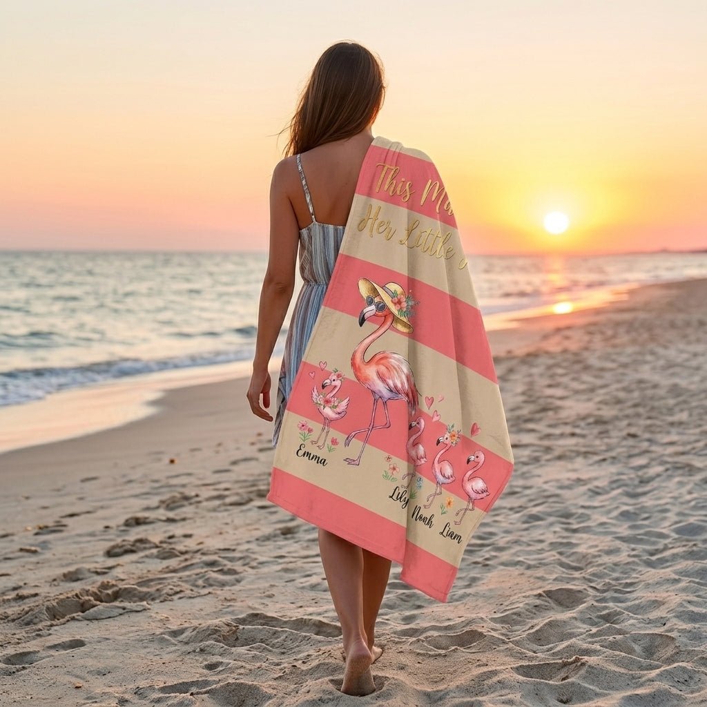 Personalized "Mamamingo" Beach Towel - Custom Children Names Summer Gift - FlamingoAholic