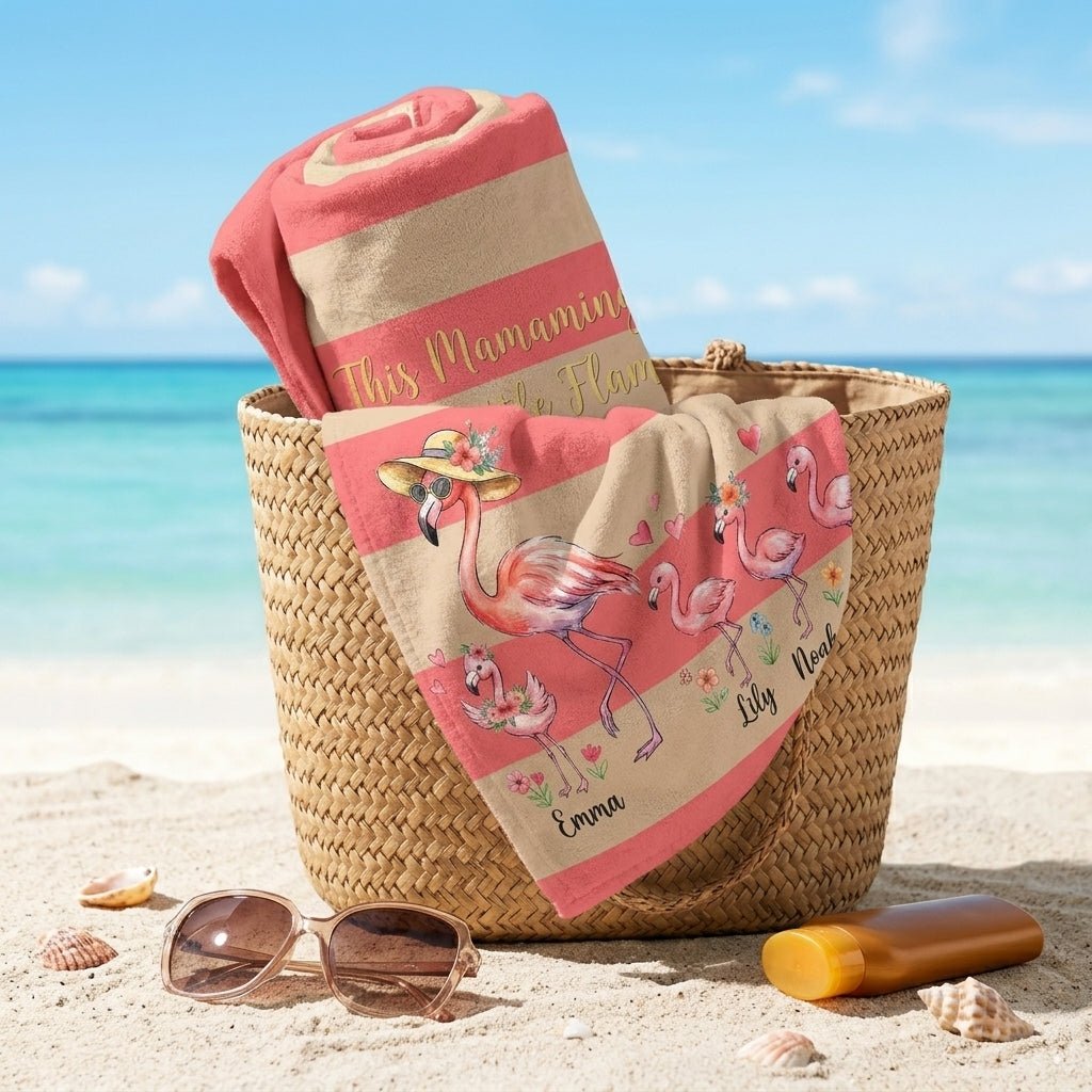 Personalized "Mamamingo" Beach Towel - Custom Children Names Summer Gift - FlamingoAholic