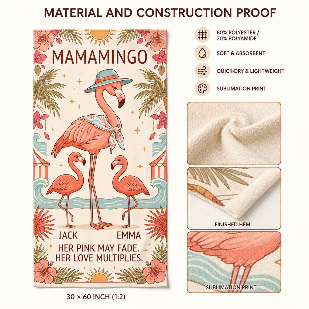 Personalized Mamamingo Beach Towel | Custom Flamingo Mom Gift | Mother's Day Beach Towel - FlamingoAholic