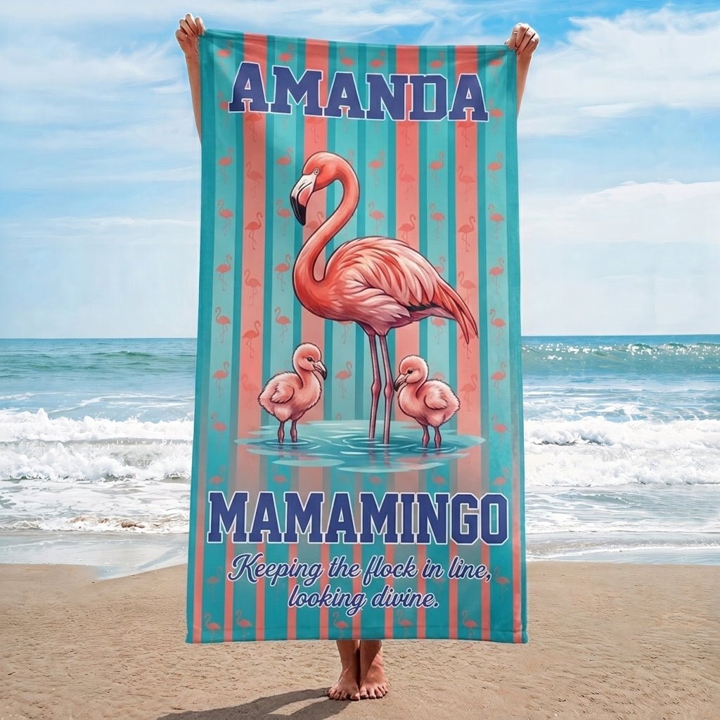 Personalized Mamamingo Beach Towel - Custom Name "Keeping the Flock in Line" Gift - FlamingoAholic