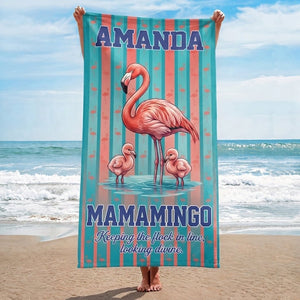 Personalized Mamamingo Beach Towel - Custom Name "Keeping the Flock in Line" Gift - FlamingoAholic