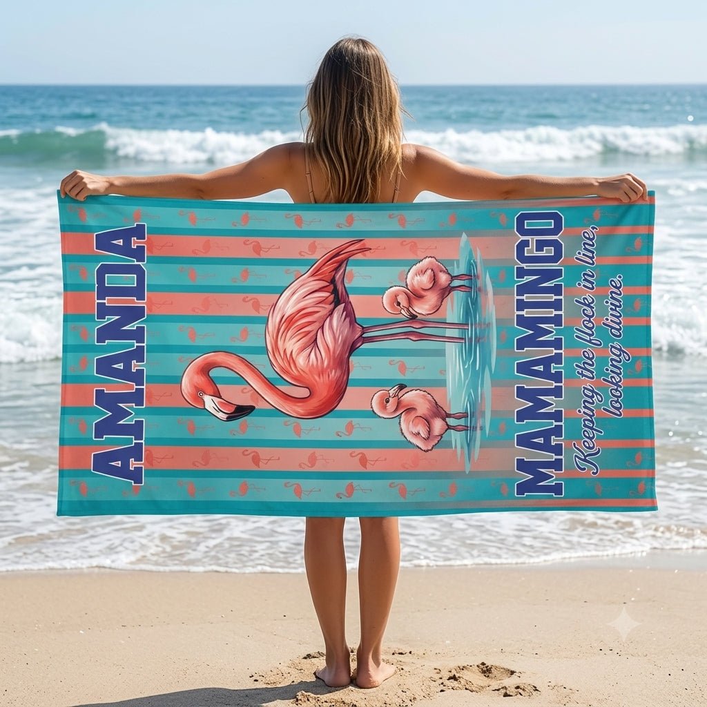Personalized Mamamingo Beach Towel - Custom Name "Keeping the Flock in Line" Gift - FlamingoAholic