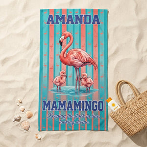 Personalized Mamamingo Beach Towel - Custom Name "Keeping the Flock in Line" Gift - FlamingoAholic
