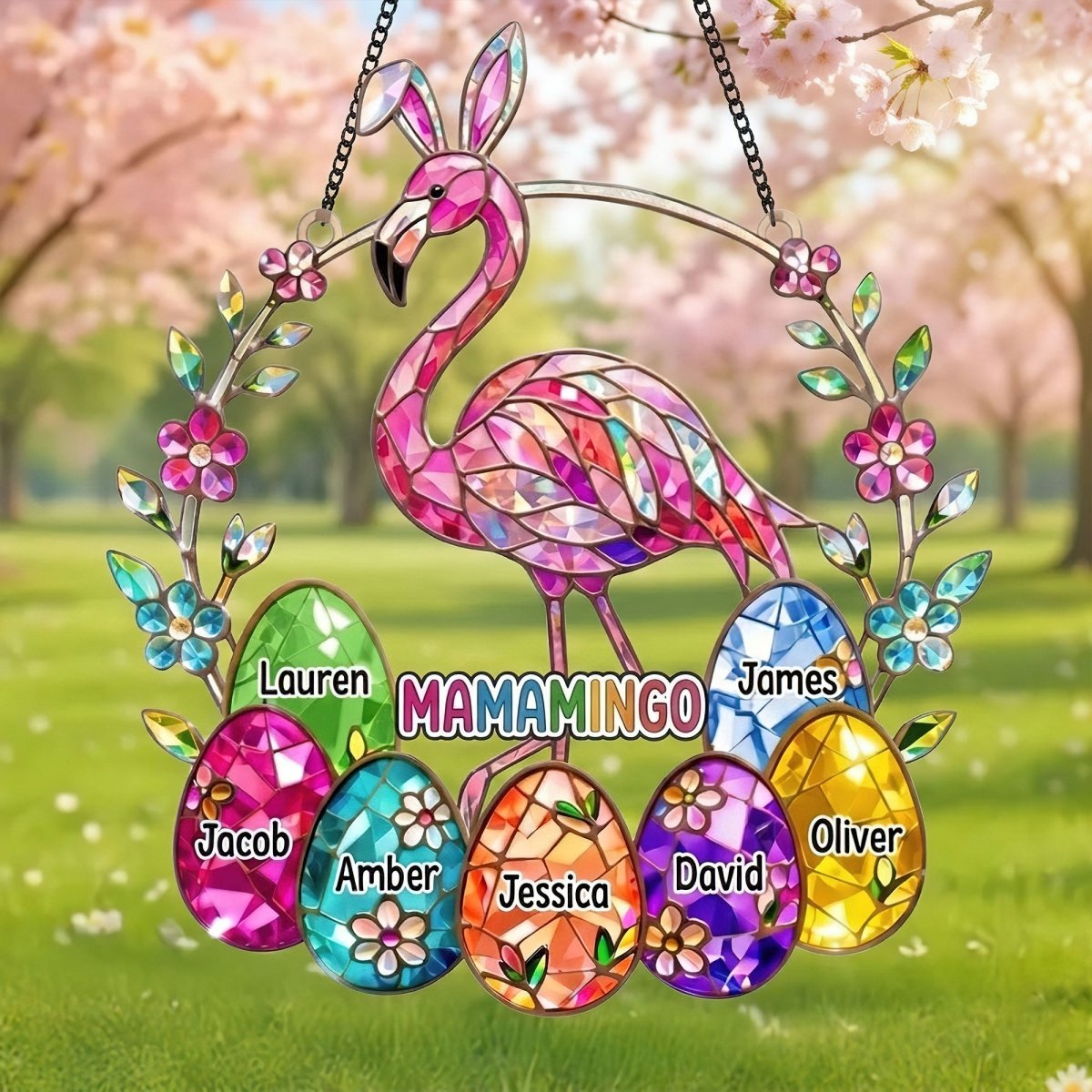 Personalized Mamamingo Flamingo Suncatcher – Custom Easter Gift for Grandma with Kids Names - FlamingoAholic