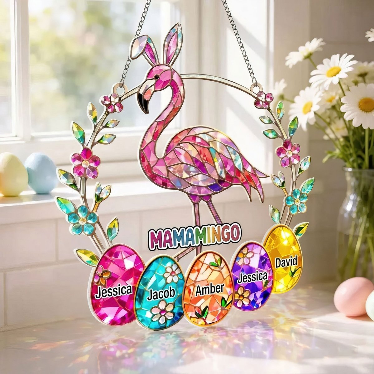 Personalized Mamamingo Flamingo Suncatcher – Custom Easter Gift for Grandma with Kids Names - FlamingoAholic