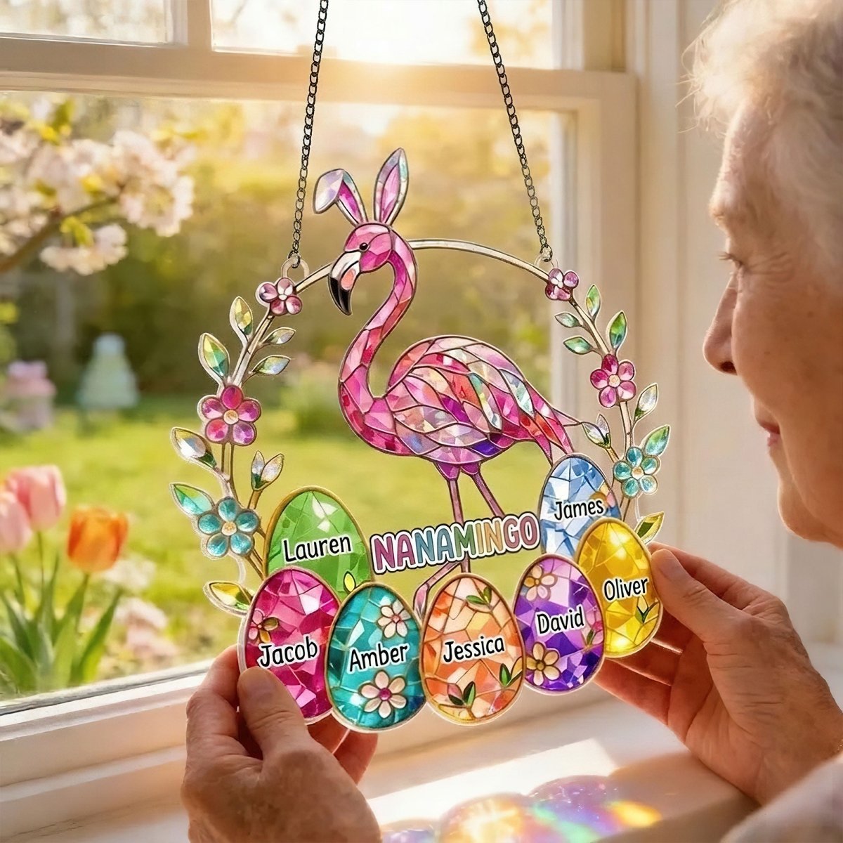 Personalized Mamamingo Flamingo Suncatcher – Custom Easter Gift for Grandma with Kids Names - FlamingoAholic