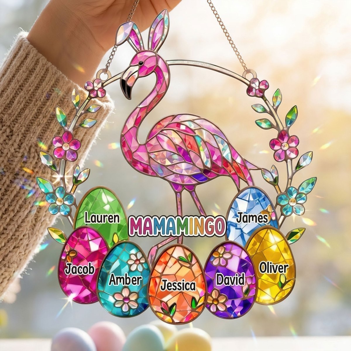Personalized Mamamingo Flamingo Suncatcher – Custom Easter Gift for Grandma with Kids Names - FlamingoAholic