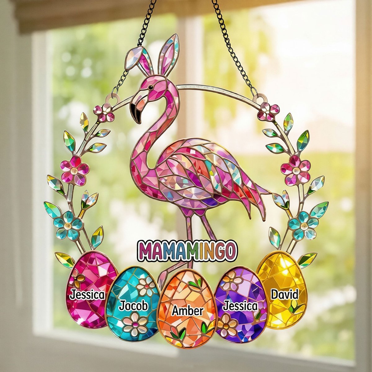 Personalized Mamamingo Flamingo Suncatcher – Custom Easter Gift for Grandma with Kids Names - FlamingoAholic