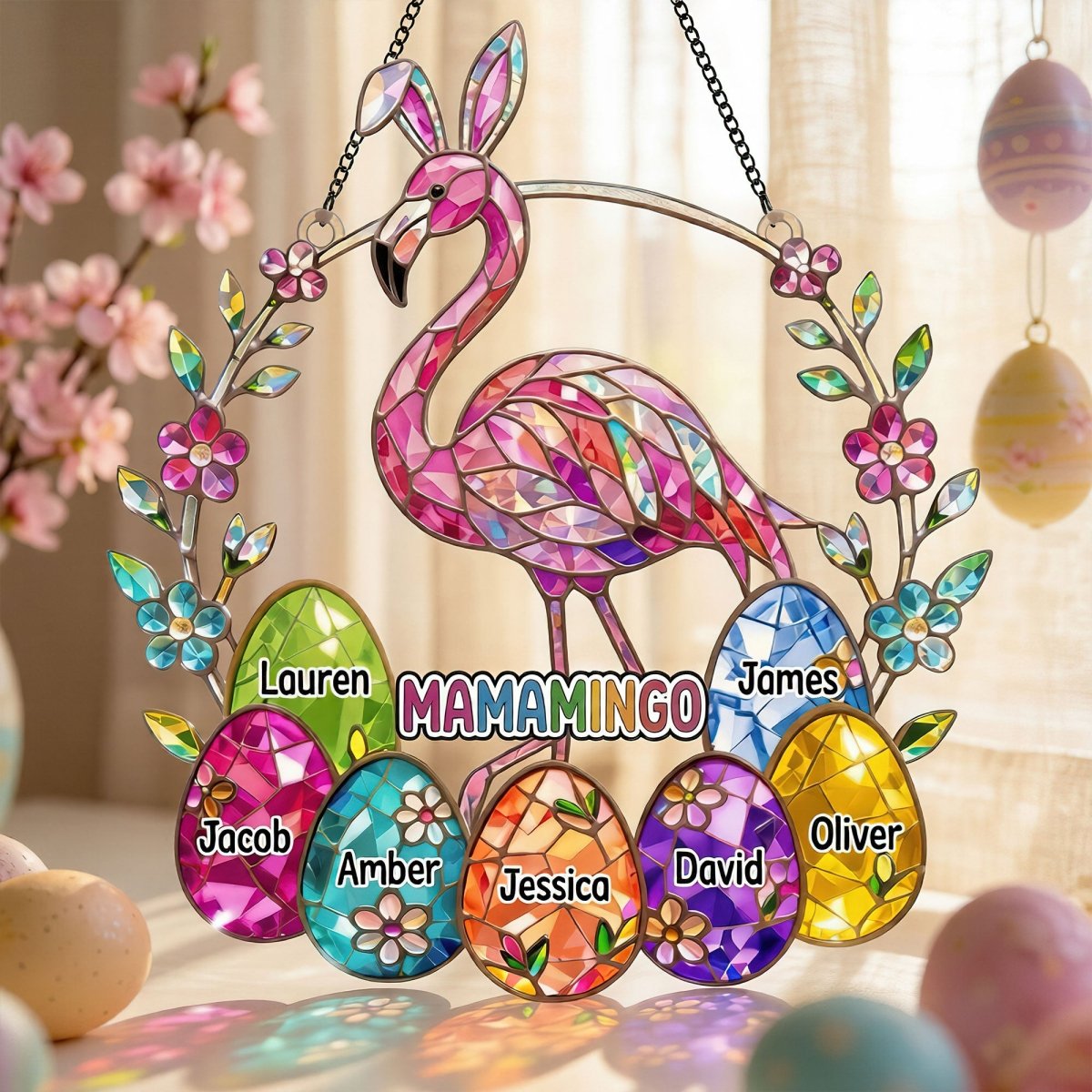 Personalized Mamamingo Flamingo Suncatcher – Custom Easter Gift for Grandma with Kids Names - FlamingoAholic