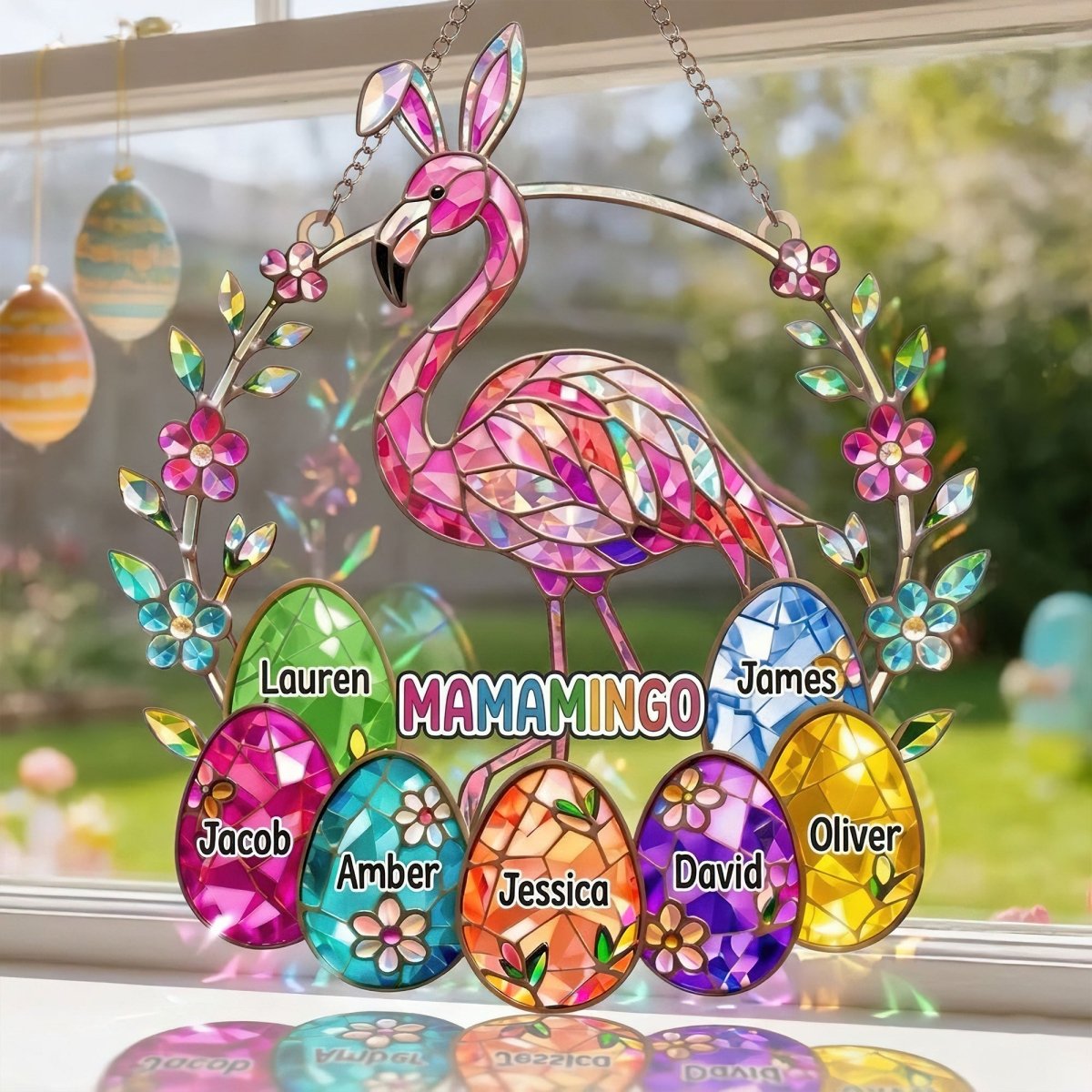 Personalized Mamamingo Flamingo Suncatcher – Custom Easter Gift for Grandma with Kids Names - FlamingoAholic