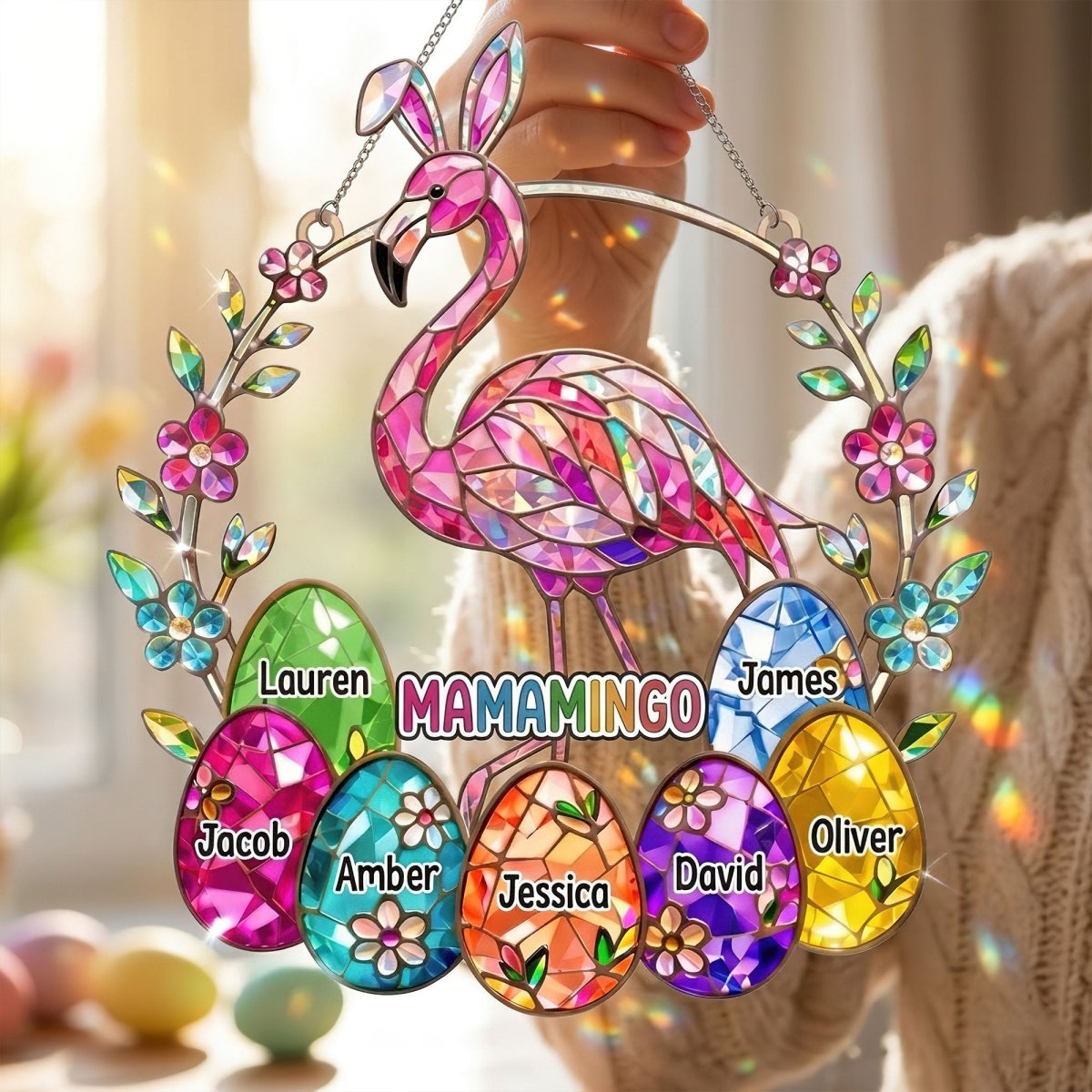Personalized Mamamingo Flamingo Suncatcher – Custom Easter Gift for Grandma with Kids Names - FlamingoAholic