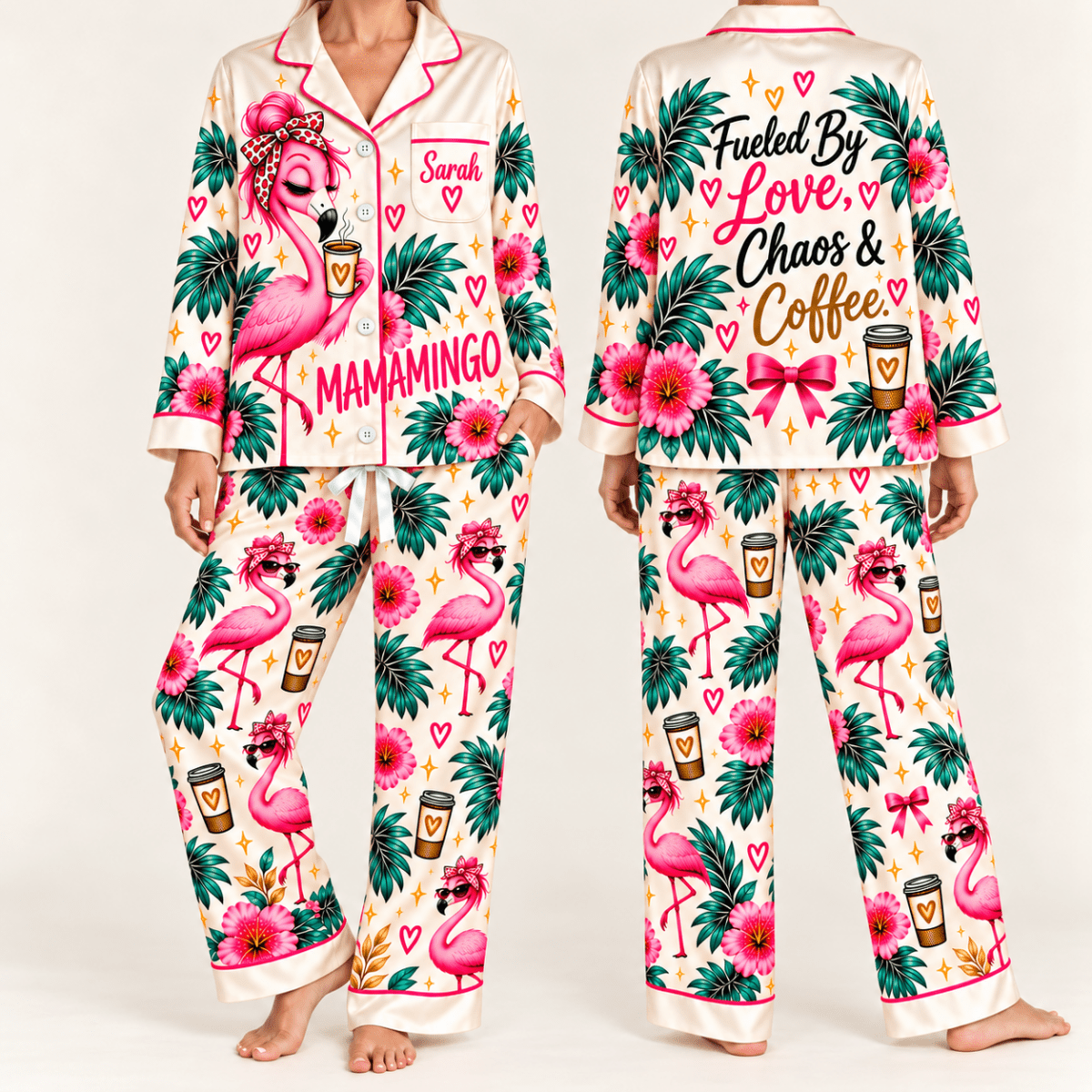 Personalized Mamamingo Fueled by Love Chaos & Coffee Satin Pajama Set - FlamingoAholic