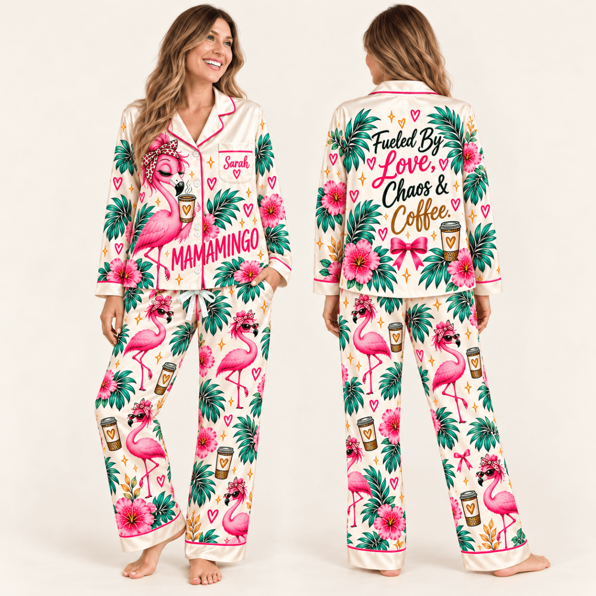 Personalized Mamamingo Fueled by Love Chaos & Coffee Satin Pajama Set - FlamingoAholic
