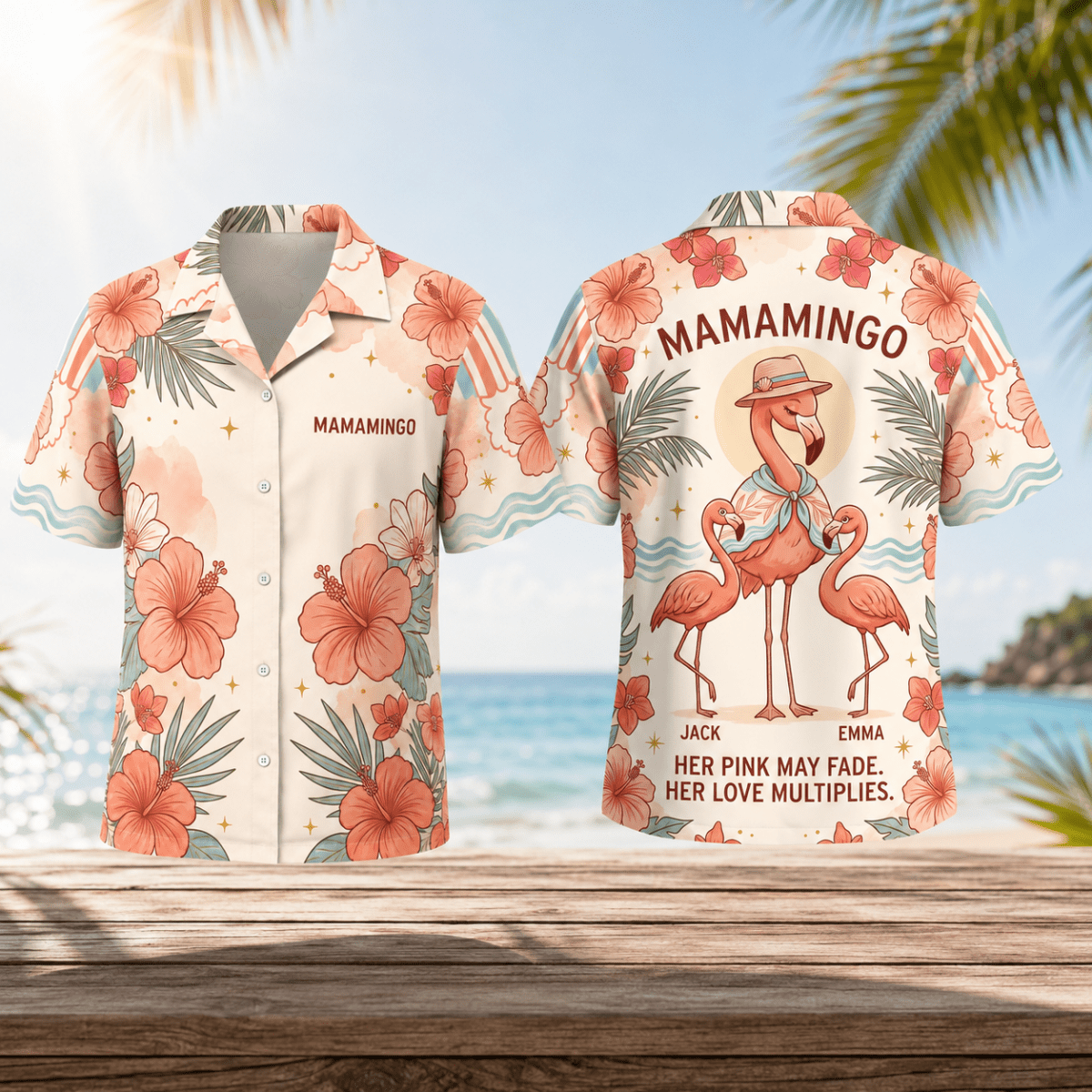 Personalized Mamamingo Hawaiian Shirt for Mom | Custom Flamingo Mom Beach Shirt | Mother's Day Gift from Kids - FlamingoAholic