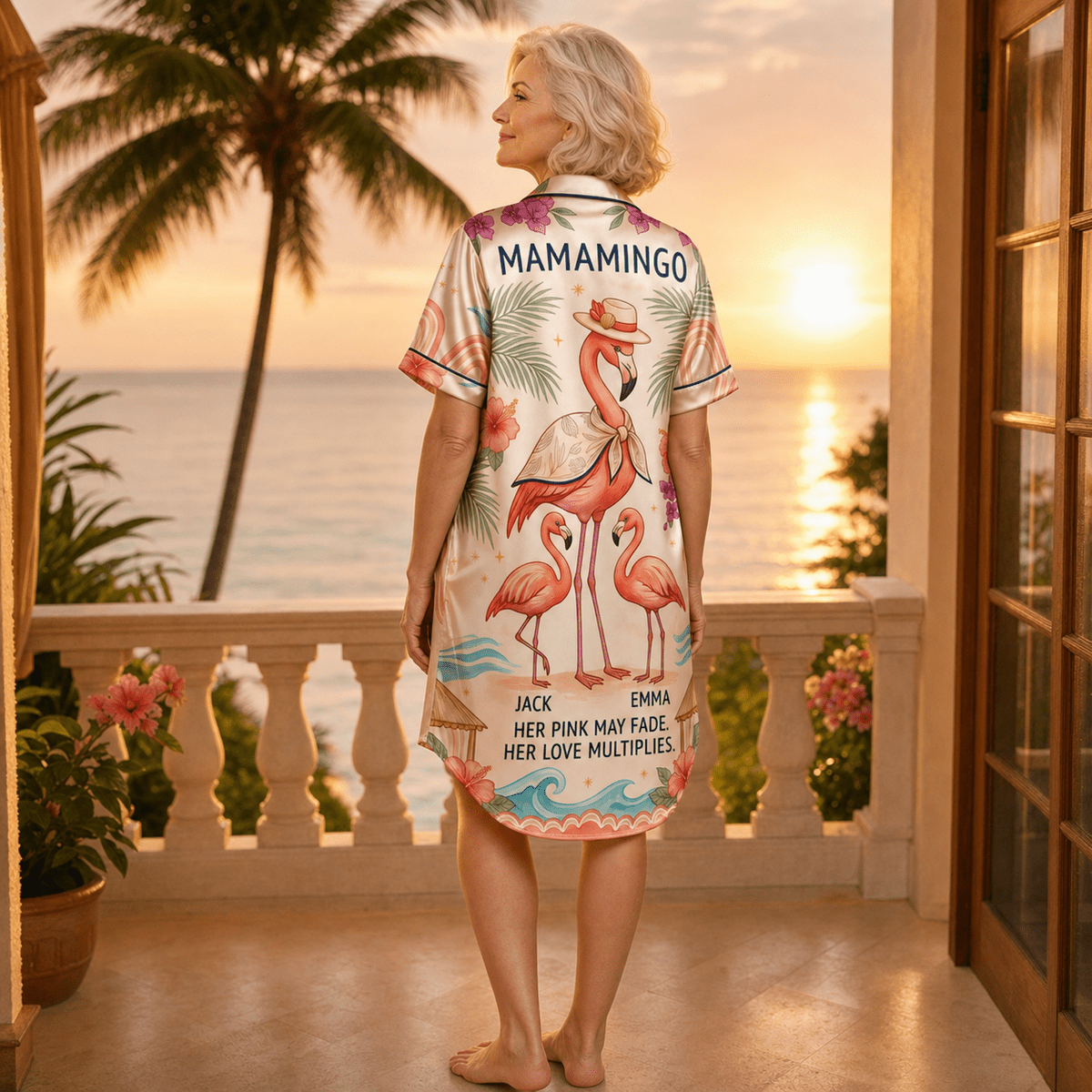 Personalized Mamamingo Satin Pajama Shirt Dress | Custom Mom Flamingo Sleep Shirt | Mother's Day Pajama Dress Gift - FlamingoAholic