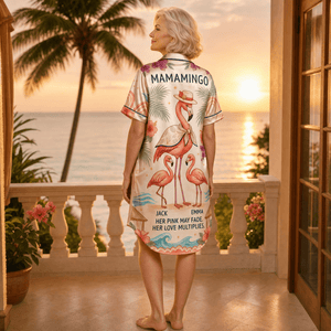 Personalized Mamamingo Satin Pajama Shirt Dress | Custom Mom Flamingo Sleep Shirt | Mother's Day Pajama Dress Gift - FlamingoAholic