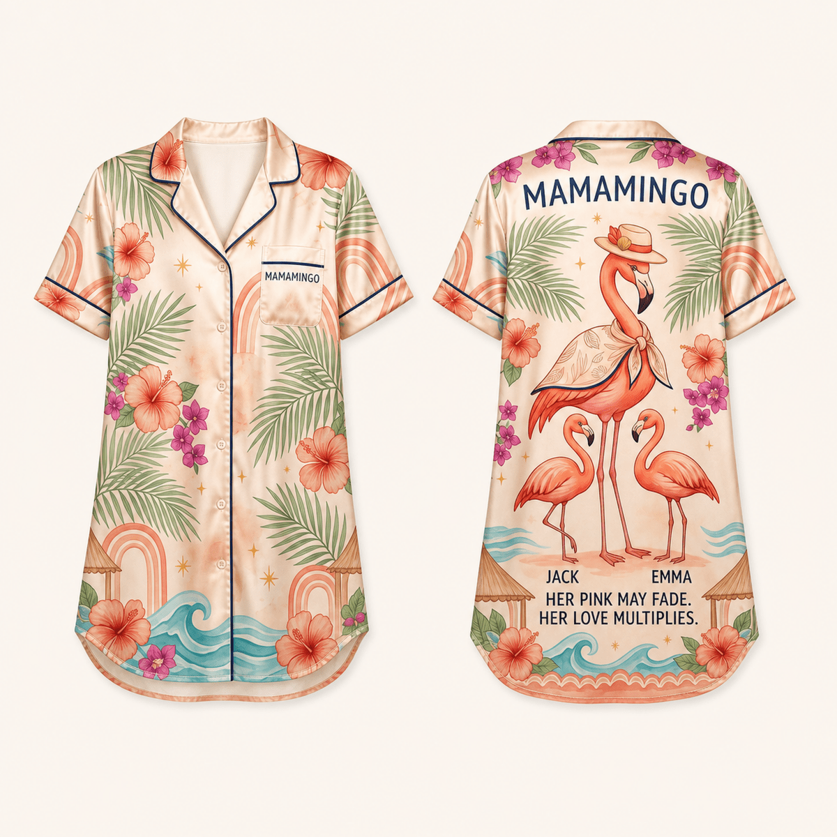 Personalized Mamamingo Satin Pajama Shirt Dress | Custom Mom Flamingo Sleep Shirt | Mother's Day Pajama Dress Gift - FlamingoAholic