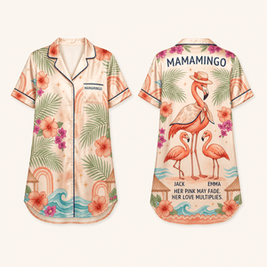Personalized Mamamingo Satin Pajama Shirt Dress | Custom Mom Flamingo Sleep Shirt | Mother's Day Pajama Dress Gift - FlamingoAholic