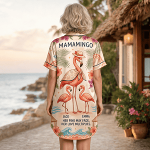 Personalized Mamamingo Satin Pajama Shirt Dress | Custom Mom Flamingo Sleep Shirt | Mother's Day Pajama Dress Gift - FlamingoAholic