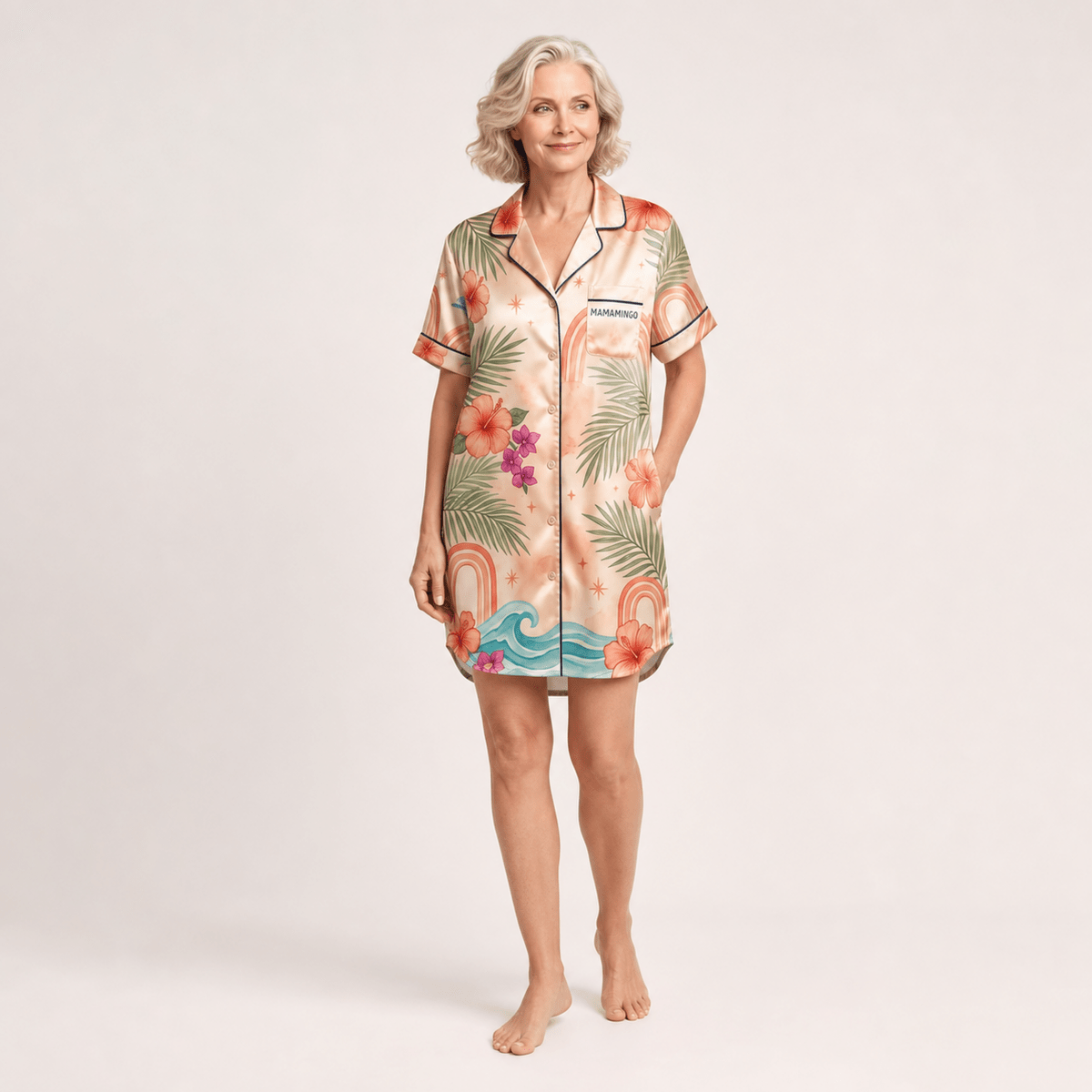 Personalized Mamamingo Satin Pajama Shirt Dress | Custom Mom Flamingo Sleep Shirt | Mother's Day Pajama Dress Gift - FlamingoAholic