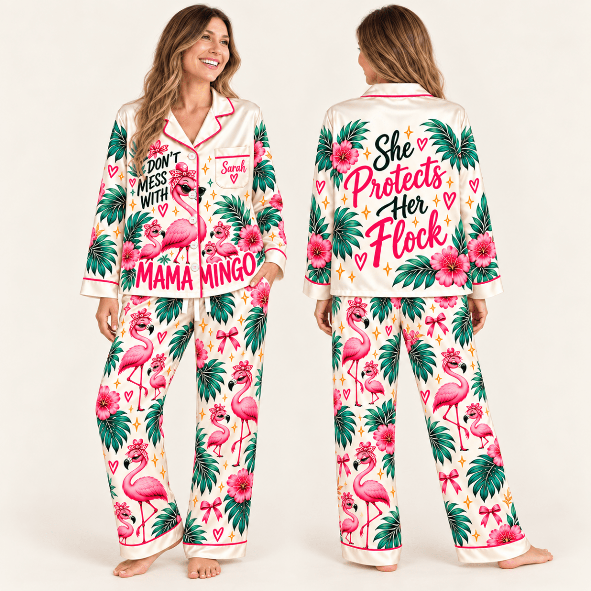 Personalized Mamamingo She Protects Her Flock Satin Pajama Set - FlamingoAholic