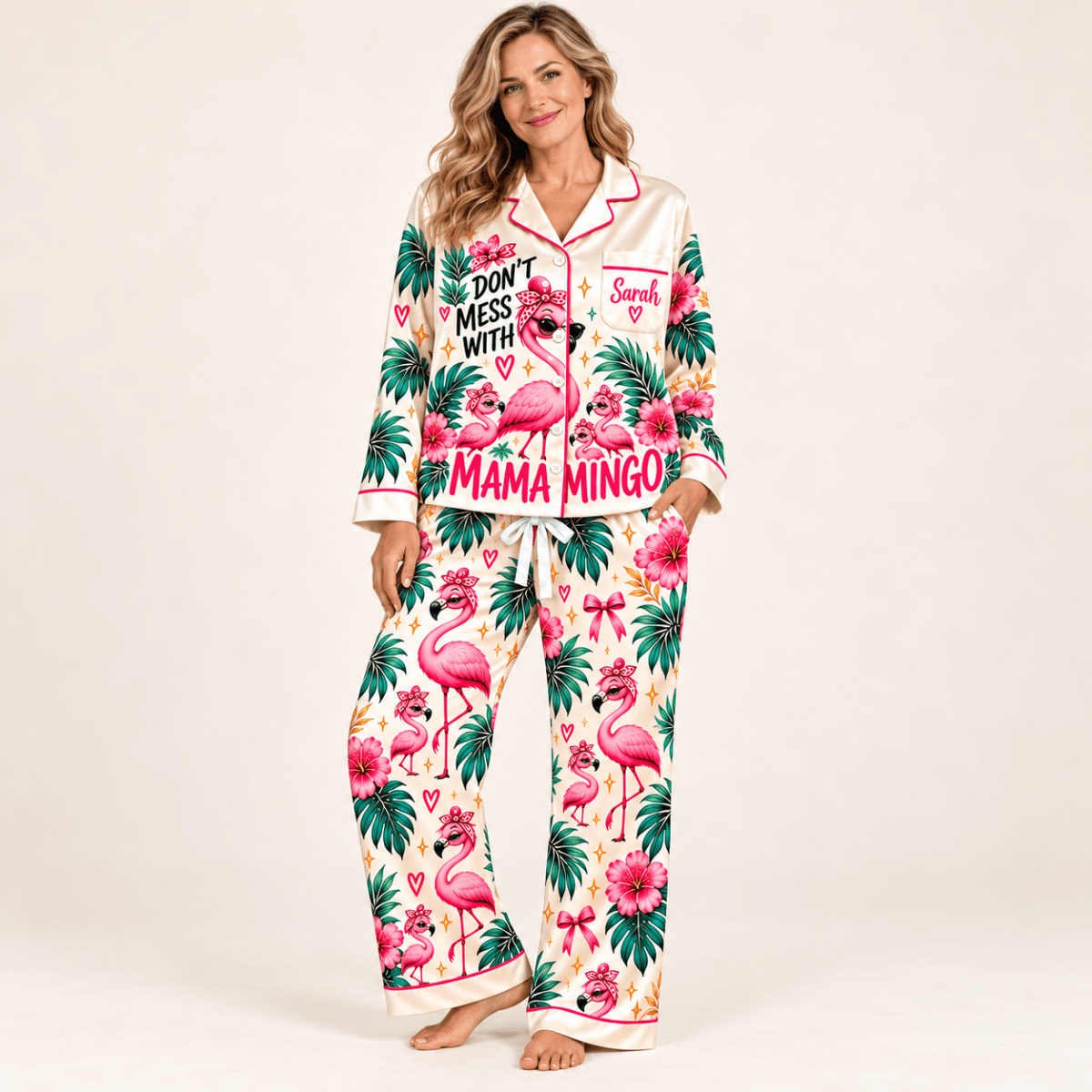 Personalized Mamamingo She Protects Her Flock Satin Pajama Set - FlamingoAholic
