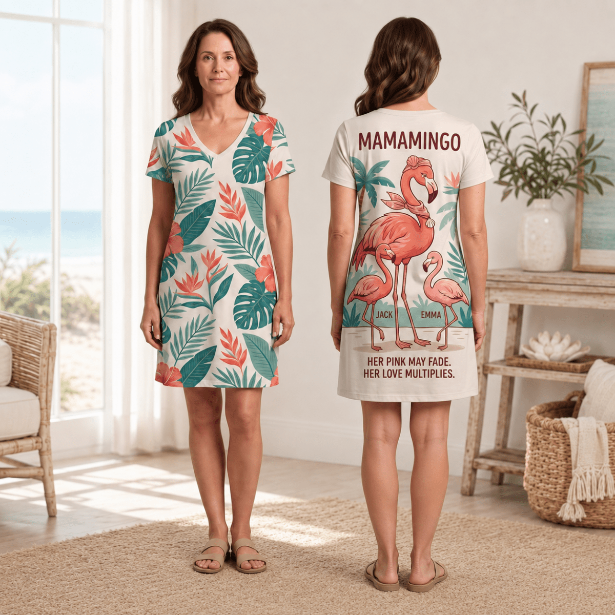 Personalized Mamamingo Women's Fine Jersey V-Neck Dress | Custom Mom Flamingo Dress - FlamingoAholic
