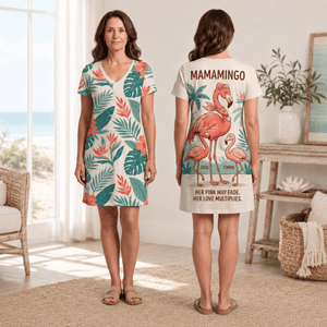 Personalized Mamamingo Women's Fine Jersey V-Neck Dress | Custom Mom Flamingo Dress - FlamingoAholic