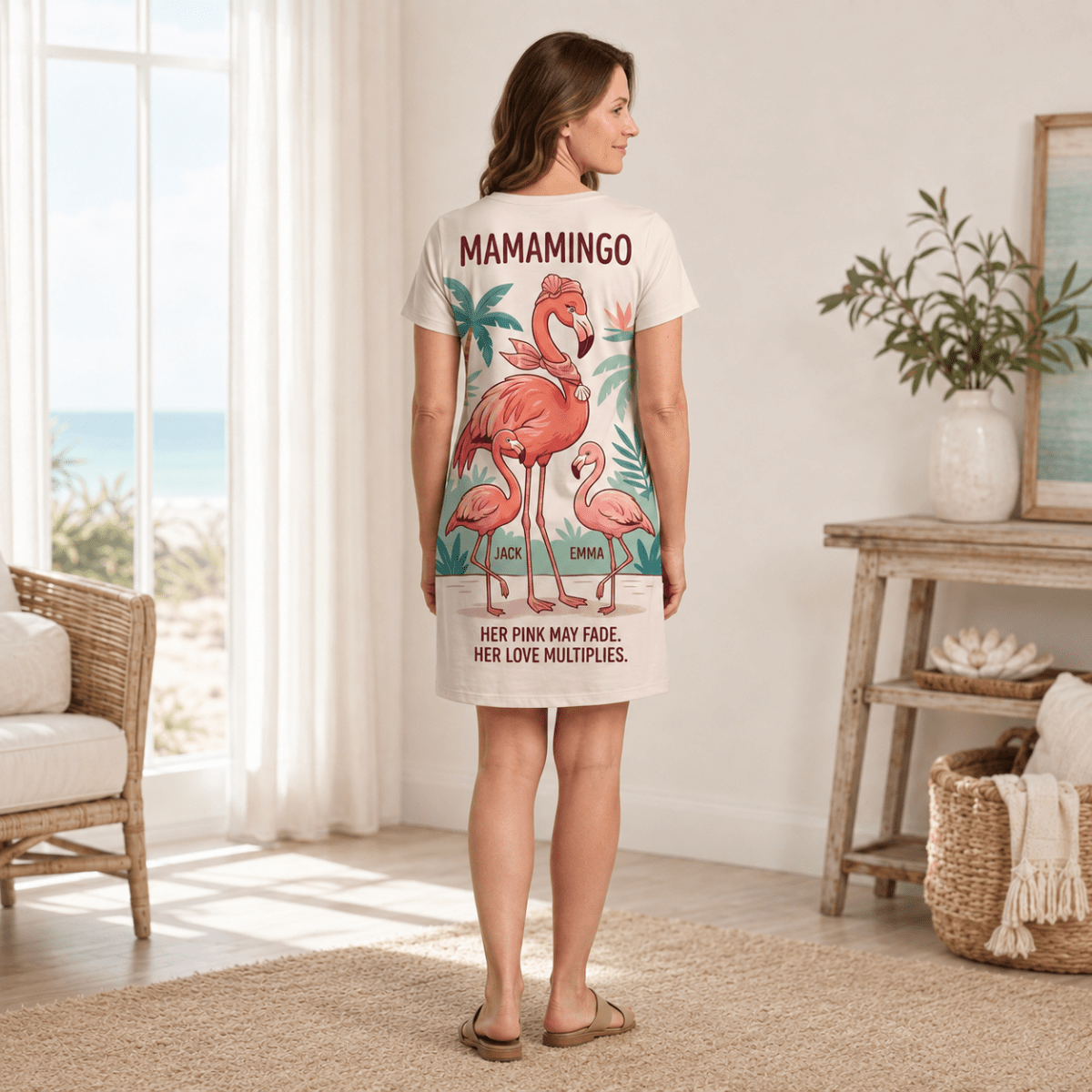 Personalized Mamamingo Women's Fine Jersey V-Neck Dress | Custom Mom Flamingo Dress - FlamingoAholic