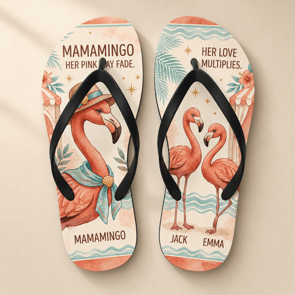 Personalized Mamingo Flamingo Flip Flops | Custom Mom Beach Sandals | Mother's Day Gift from Kids - FlamingoAholic