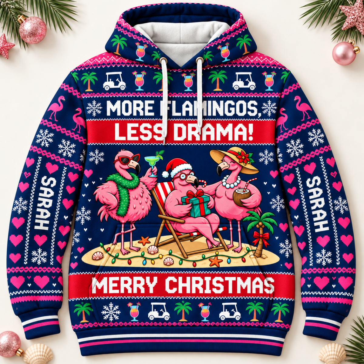 Personalized More Flamingos Less Drama Christmas Sweater & Hoodie - FlamingoAholic