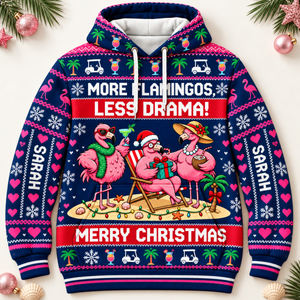 Personalized More Flamingos Less Drama Christmas Sweater & Hoodie - FlamingoAholic