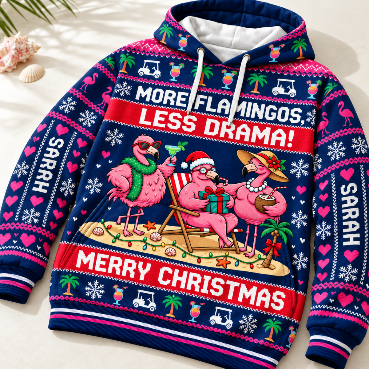 Personalized More Flamingos Less Drama Christmas Sweater & Hoodie - FlamingoAholic